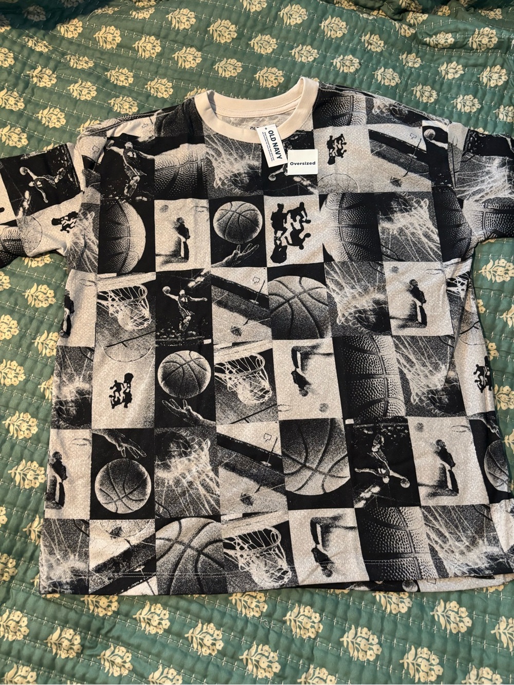Old Navy Black & White Basketball Patchwork Tee